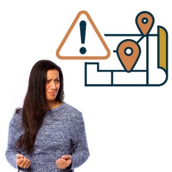 A woman looking worried. There is a map icon above her and a warning symbol. 