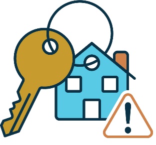 A house icon with a key icon and a warning symbol. 