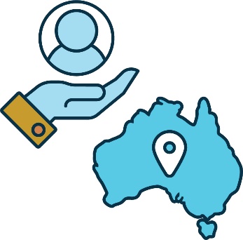 A map of Australia with a map marker on it. Above is a support icon. 