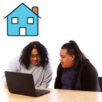 Two women working on a laptop together. Above is a house icon. 