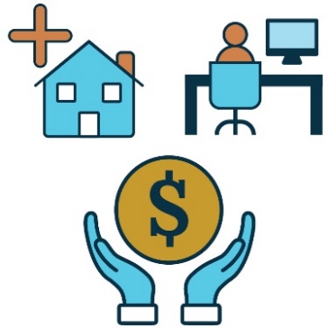 A money support icon. Above it is a house with a plus icon, and an icon of someone sitting at a desk. 