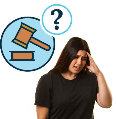 A person holding their head. Next to them is a justice icon with a question mark. 