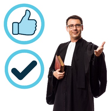 A judge next to a thumbs up icon and a tick. 