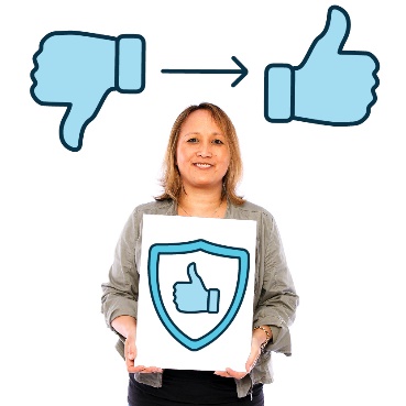 A person holding a protection icon. Above is a thumbs down turning into a thumbs up. 