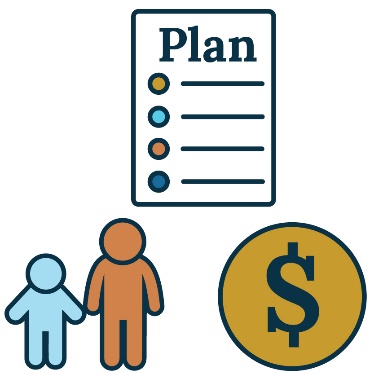 A plan icon above a money symbol and a family icon. 