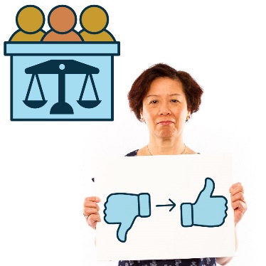 There is a court system icon. Below is a person holding a picture of a thumbs down turning into a thumbs up. 