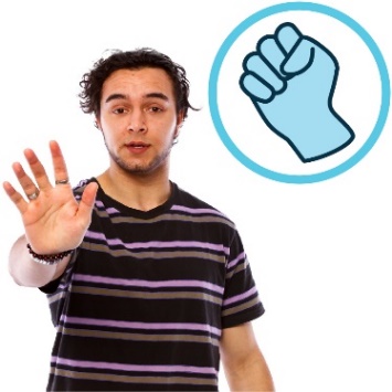 A violence icon, showing a closed fist. There is a person with their hand out to say stop.