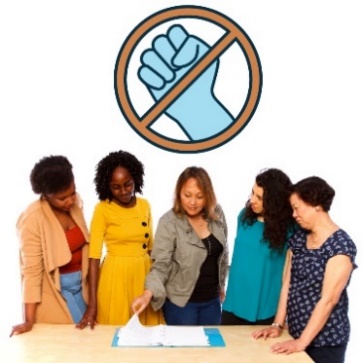 A group of people looking at a document. Above them is a violence icon with a circle and cross through it.