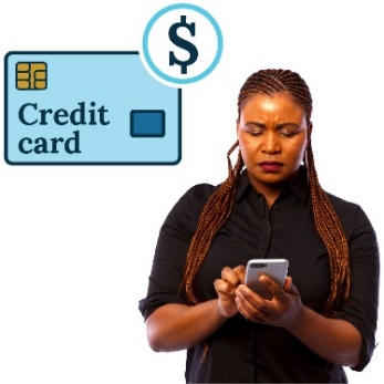 A person is frowning, looking at their phone. There is an icon of a credit card above them with a money symbol. 