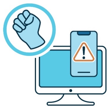 A violence icon above a computer and a phone with a warning symbol on them. 