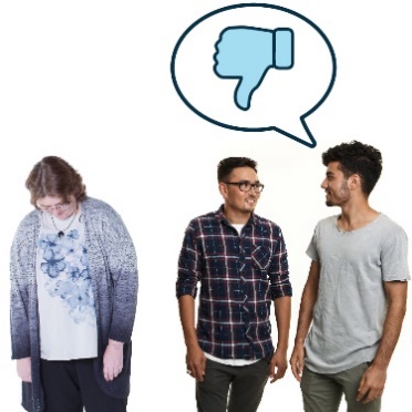 A woman looking upset. Next to her are two men with a speech bubble and a thumbs down icon. 