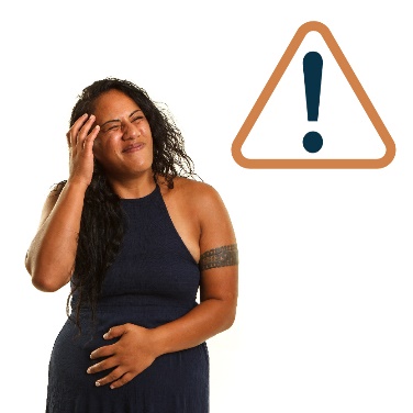 A person holding their head. There is a warning symbol above them. 