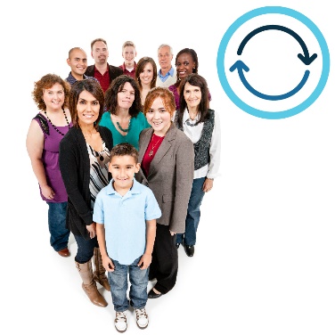 A group of people, including young children and older people. There is an icon of two arrows going into each other. 