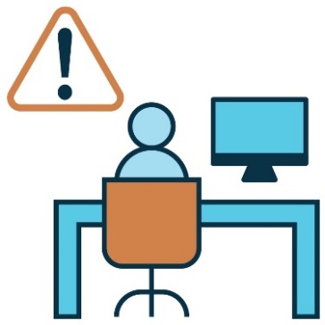 A person working at a desk. There is a warning icon. 