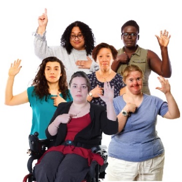 A group of women pointing at themselves with their hands raised. 