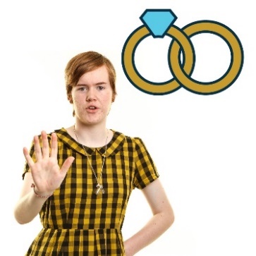 A young girl saying no, with two wedding rings above her. 