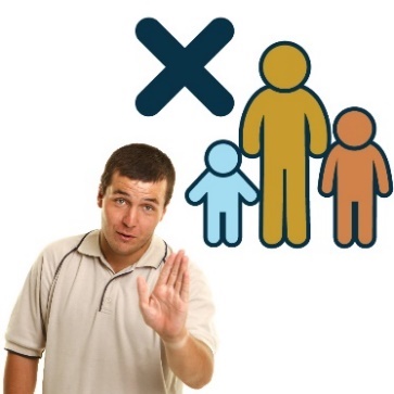 A person with their hand raised. There is an icon of a person with two young children. 