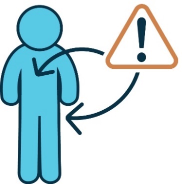 A warning symbol, with arrows pointing from it towards the private parts of an icon of a person. 