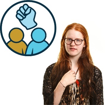 A young woman pointing to herself. Above is a violence symbol. 