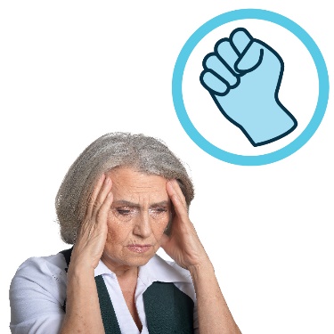 An older woman holding her head. There is a violence icon above her. 