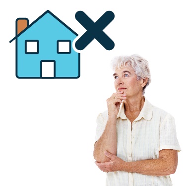 An older woman looking upset. There is an icon of a house with a cross on it. 