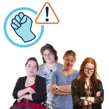 A group of women with a violence icon above them, and a warning symbol. 