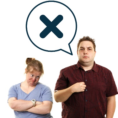 A woman with her arms crossed. Next to them is a person pointing at themselves with a speech bubble and a cross in it. 