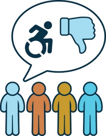 An icon of a group of different people. One of them has a speech bubble with a disability icon and a thumbs down icon in it. 