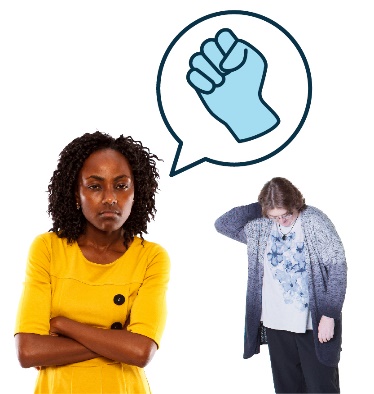 A person with disability looking upset. There is a person with a speech bubble and a violence icon inside it. 