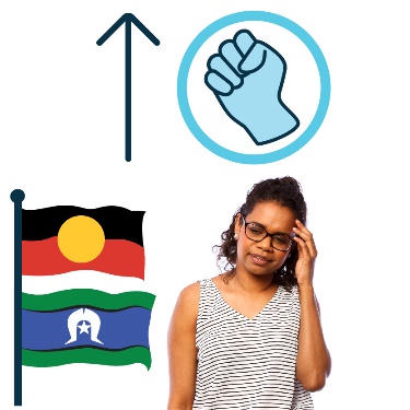 A woman is holding her head. Next to her are the Aboriginal and Torres Strait Islander flags. Above her head is a violence icon with an arrow pointing up. 