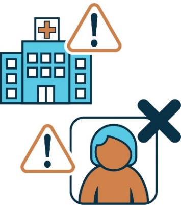 An icon of a hospital with a warning symbol on it. There is an icon of a person with a cross next to them and a warning symbol. 