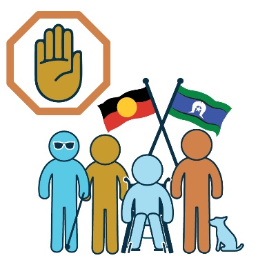 There are a group of different people with the Aboriginal and Torres Strait Islander flags above them. There is a prevention symbol. 