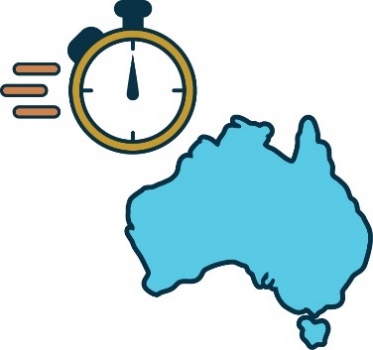 A map of Australia with a clock icon above and speed lines on it. 