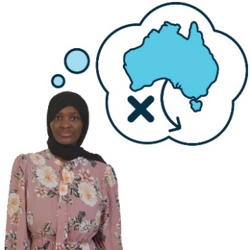 A woman with a thought bubble. In the thought bubble is a map of Australia with a cross on it, and an arrow pointing away from it. 