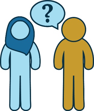 An icon of a person in a hijab, with someone speaking to them but there is only a question mark in the speech bubble. 