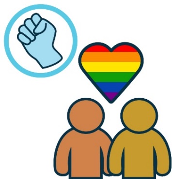 A relationship icon of two people with a rainbow heart between them. Above is a violence icon. 