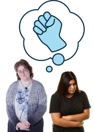 Two people looking upset with a thought bubble and a violence icon in it. 