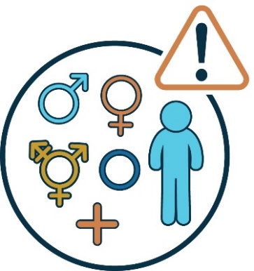 Symbols of many genders and an icon of a person with a warning symbol. 