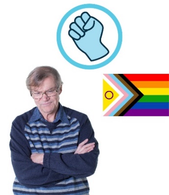 A person with their arms crossed next to a rainbow flag. Above is a violence icon. 