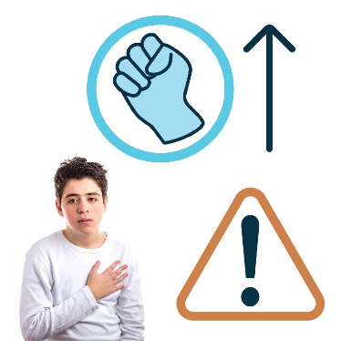 A young person holding their hearts. There is a warning symbol and a violence icon with an arrow pointing up. 