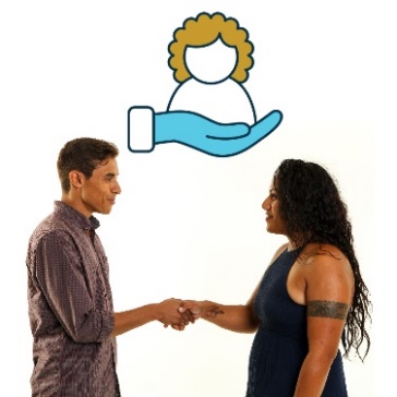 Two people shaking hands. Above is a support symbol. 