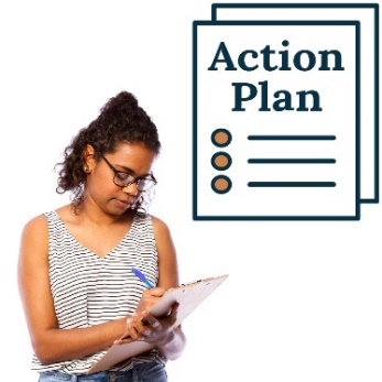 A person writing in a clipboard. Above is an icon of 2 Action Plans. 