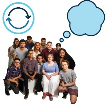 A group of people with a shared thought bubble. Above is a change symbol. 