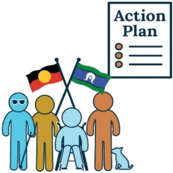 An icon of a group of people. Above them are the Aboriginal and Torres Strait Islander flags. There is also an Action Plan icon. 