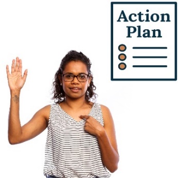 A person pointing at themselves with their hand raised. Above is an Action Plan icon. 