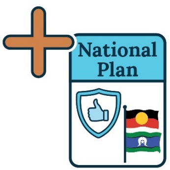 An icon of a National Plan with a safety icon on it and the Aboriginal and Torres Strait Islander flags. There is a plus icon above the Plan. 