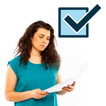 A person reading a document. Above is a tick. 