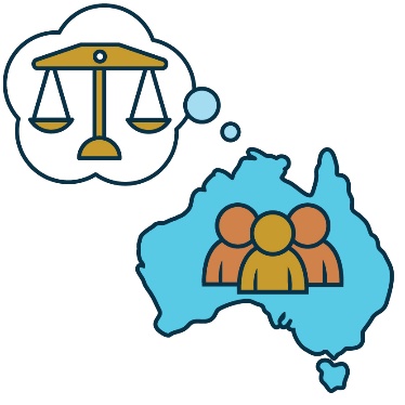 An icon of people on top of a map of Australia. There is a thought bubble with an icon for equality in it.