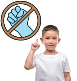 A young child with their finger raised. Above is a violence symbol with a circle and a cross through it. 