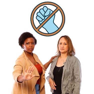 A person has their hand on someone's shoulder and their other hand out saying stop. Above is a violence symbol with a circle and cross through it. 